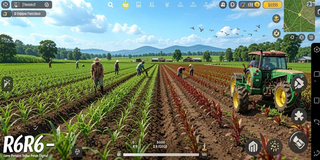 Screenshot gameplay pertanian yang menampilkan kebun yang subur.